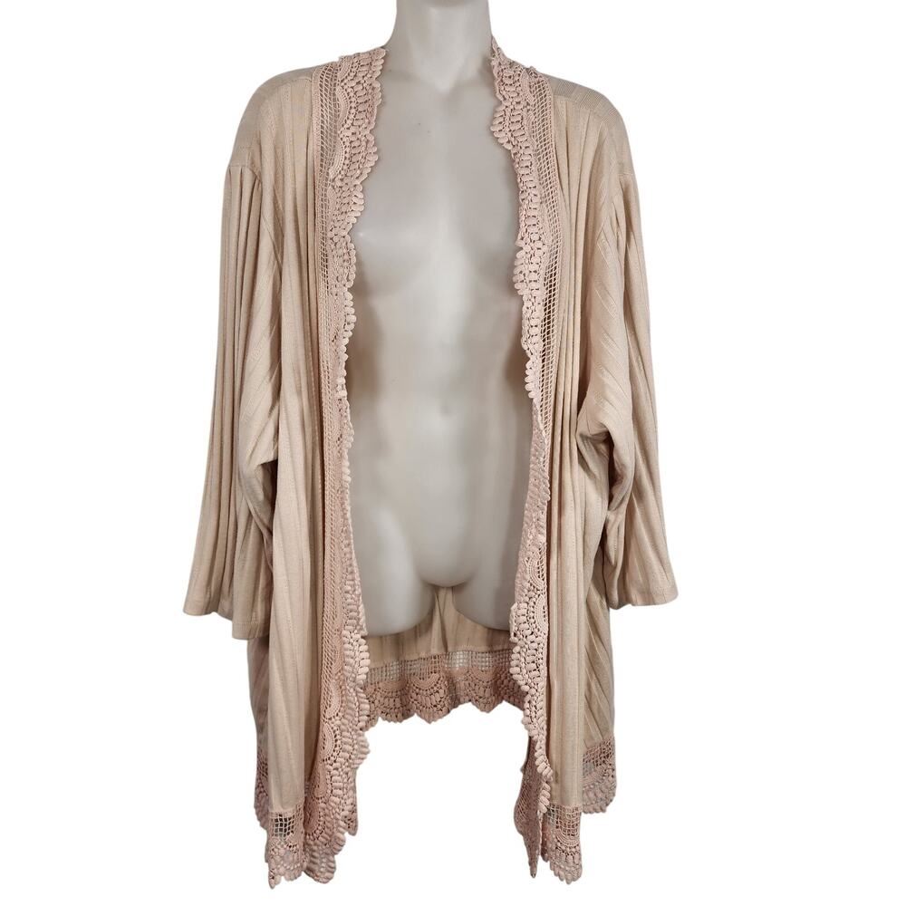 Roaman's Women's Crochet Trim Pointelle Cardigan Plus 4X Lace 3/4 Sleeve Open